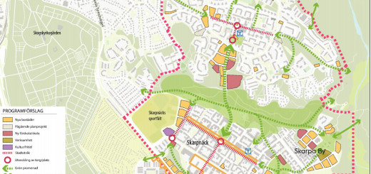 Här har vi en översikt över hela området. Gula byggnader är nya bostäder, röda nya förskolor och skolor. Lila är en ny simhall. Som ni ser finns inga planer just nu på att bygga en ny väg mellan Bagarmossen och Skarpnäck.